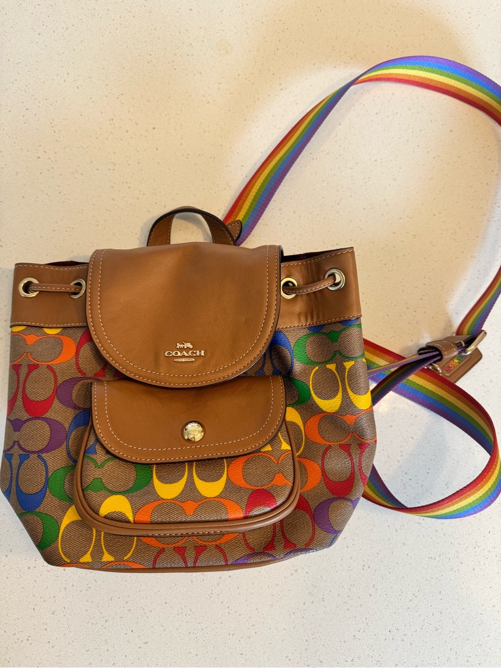 Coach Rainbow Logo Canvas Mini Backpack with Brown Leather Trim